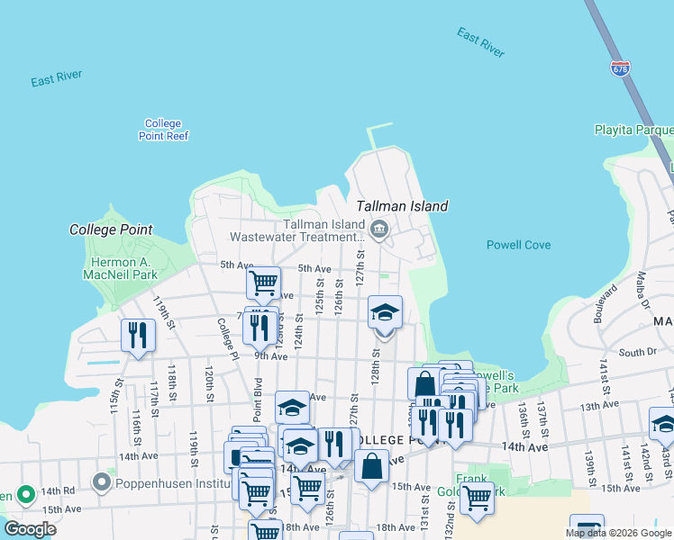 map of restaurants, bars, coffee shops, grocery stores, and more near 125-38 5th Avenue in Queens