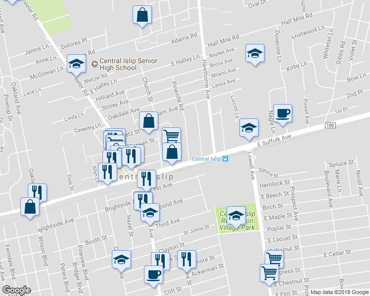 map of restaurants, bars, coffee shops, grocery stores, and more near 10 Pineville Road in Central Islip