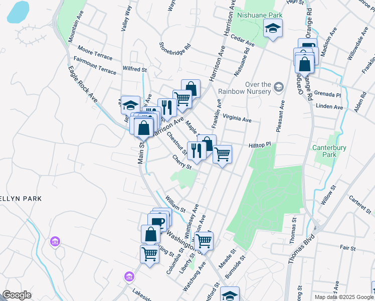map of restaurants, bars, coffee shops, grocery stores, and more near 87 Chestnut Street in West Orange