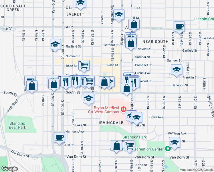 map of restaurants, bars, coffee shops, grocery stores, and more near 1436 Plum St in Lincoln