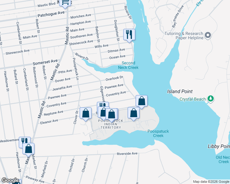 map of restaurants, bars, coffee shops, grocery stores, and more near 107 Coventry Avenue in Mastic