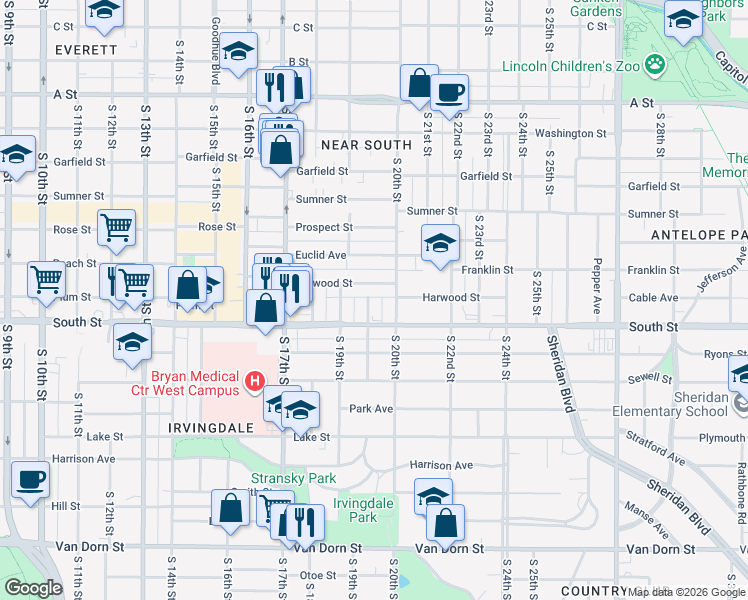 map of restaurants, bars, coffee shops, grocery stores, and more near 2024 Worthington Avenue in Lincoln