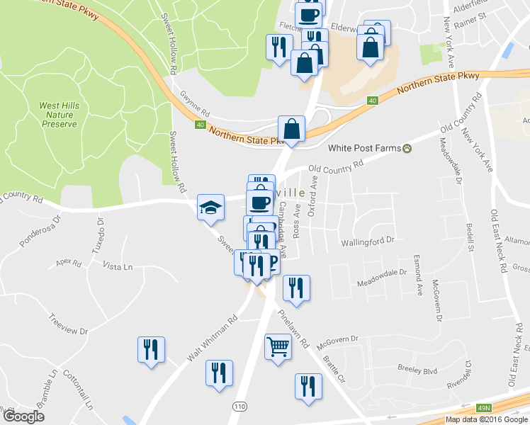 map of restaurants, bars, coffee shops, grocery stores, and more near 14 Broadhollow Road in Melville