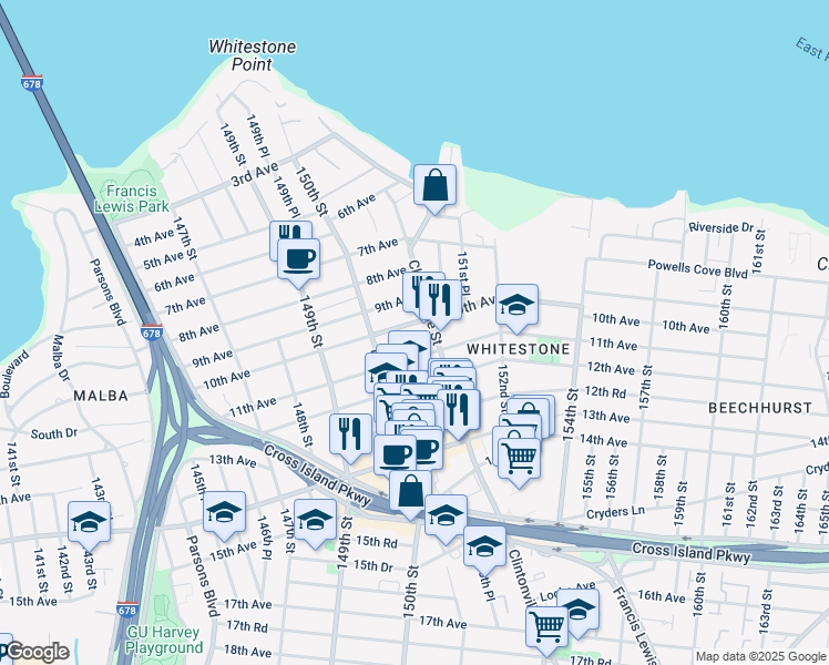 map of restaurants, bars, coffee shops, grocery stores, and more near 150-46 10th Avenue in Queens