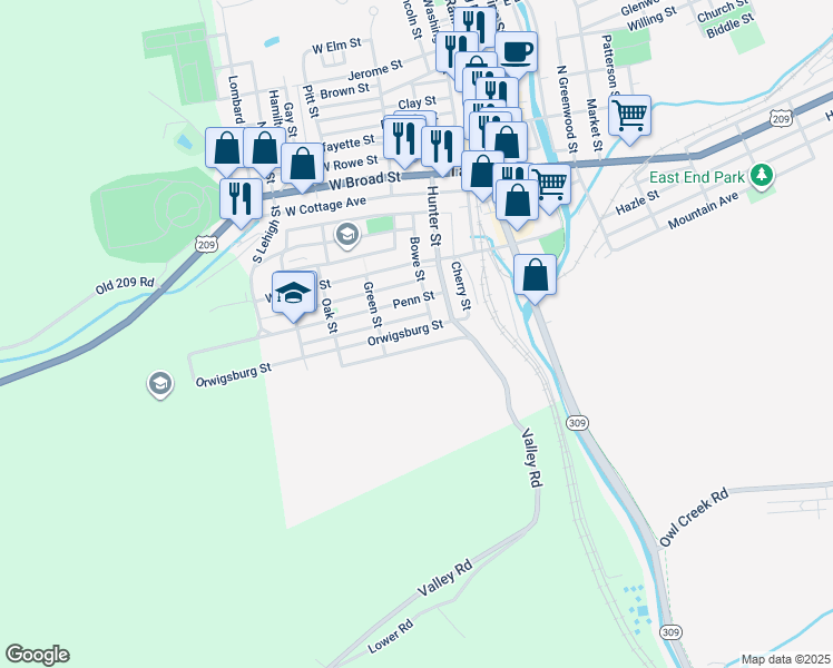 map of restaurants, bars, coffee shops, grocery stores, and more near 138 Orwigsburg Street in Tamaqua