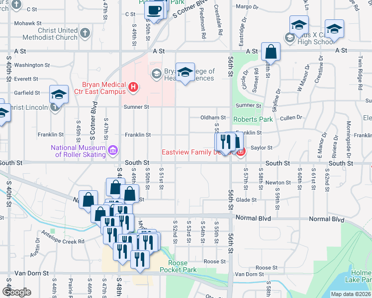 map of restaurants, bars, coffee shops, grocery stores, and more near 1945 South 53rd Street in Lincoln