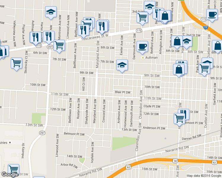 map of restaurants, bars, coffee shops, grocery stores, and more near 1013 Wertz Ave SW in Canton