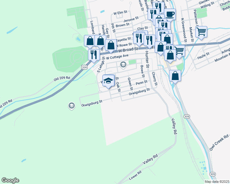 map of restaurants, bars, coffee shops, grocery stores, and more near 316 Penn Street in Tamaqua