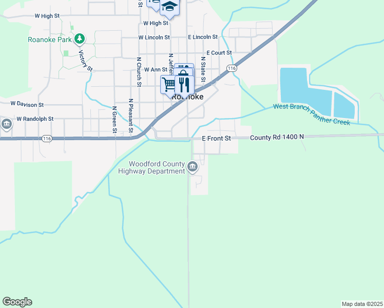 map of restaurants, bars, coffee shops, grocery stores, and more near 100 East Woodford Street in Roanoke