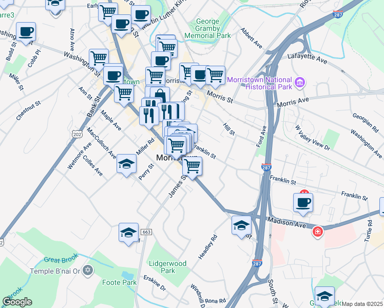 map of restaurants, bars, coffee shops, grocery stores, and more near 182 South Street in Morristown