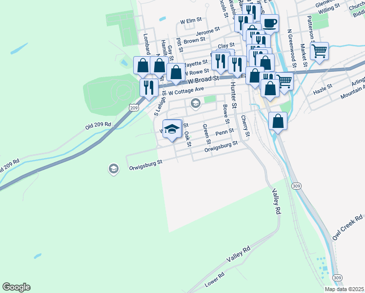 map of restaurants, bars, coffee shops, grocery stores, and more near 316 Penn Street in Tamaqua