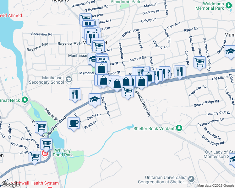 map of restaurants, bars, coffee shops, grocery stores, and more near 1350 Northern Boulevard in Manhasset