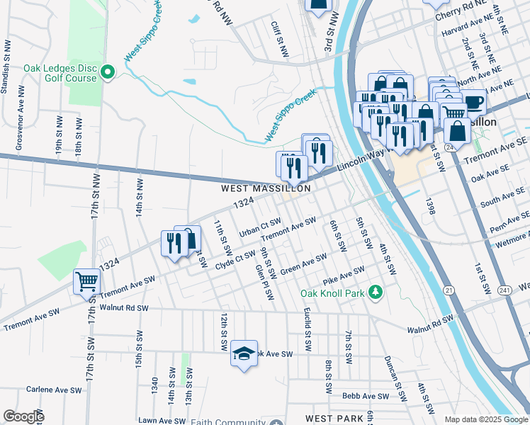 map of restaurants, bars, coffee shops, grocery stores, and more near 28 Pond Street Southwest in Massillon