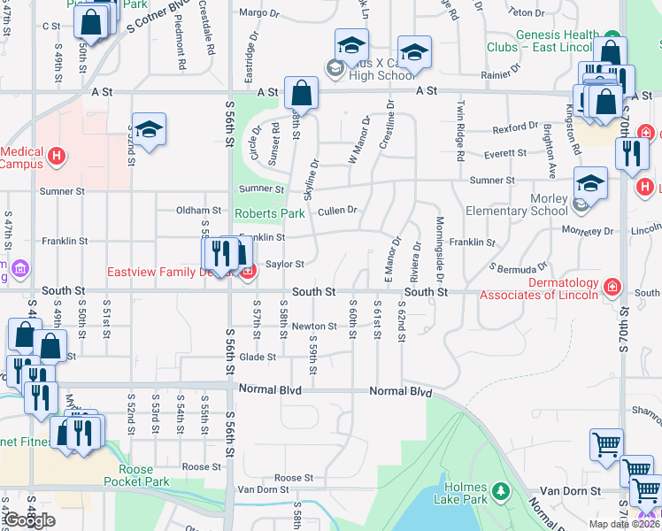 map of restaurants, bars, coffee shops, grocery stores, and more near 1941 Manor Court in Lincoln