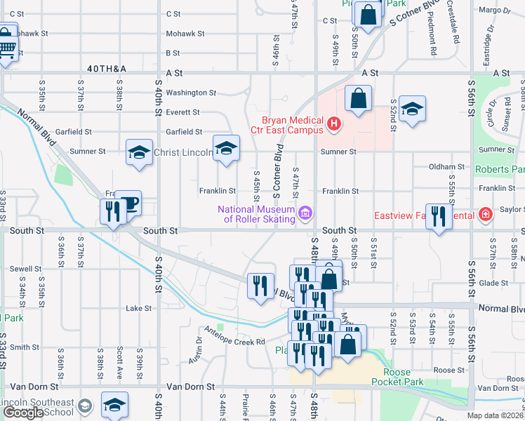 map of restaurants, bars, coffee shops, grocery stores, and more near 1940 South 45th Street in Lincoln
