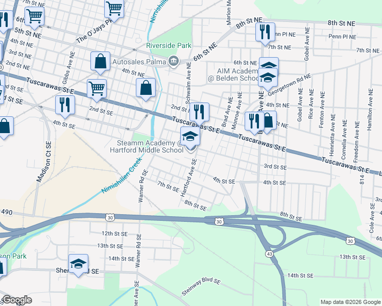 map of restaurants, bars, coffee shops, grocery stores, and more near 1824 3rd Street Southeast in Canton