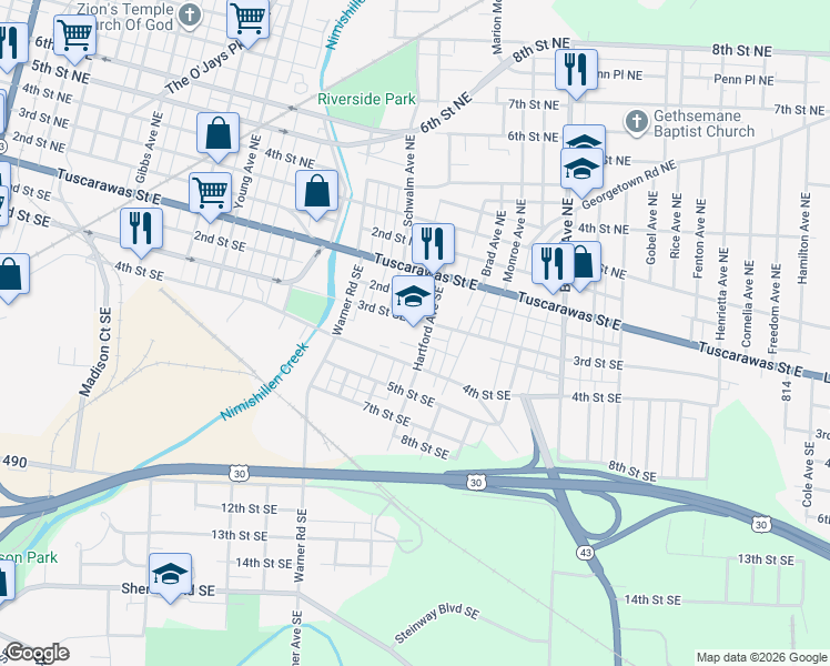 map of restaurants, bars, coffee shops, grocery stores, and more near 1824 3rd Street Southeast in Canton