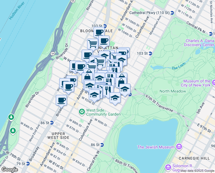 map of restaurants, bars, coffee shops, grocery stores, and more near 750 Columbus Avenue in New York