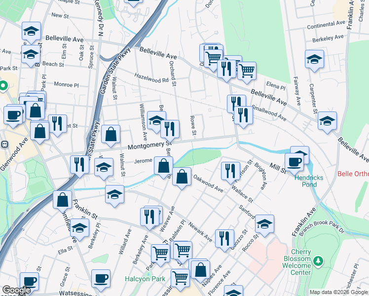 map of restaurants, bars, coffee shops, grocery stores, and more near 102 Montgomery Street in Bloomfield