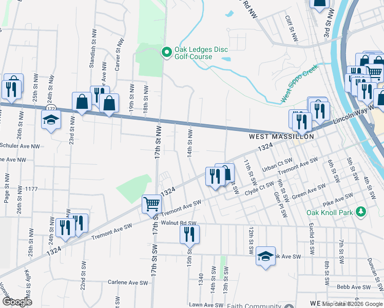 map of restaurants, bars, coffee shops, grocery stores, and more near 214 14th Street Northwest in Massillon