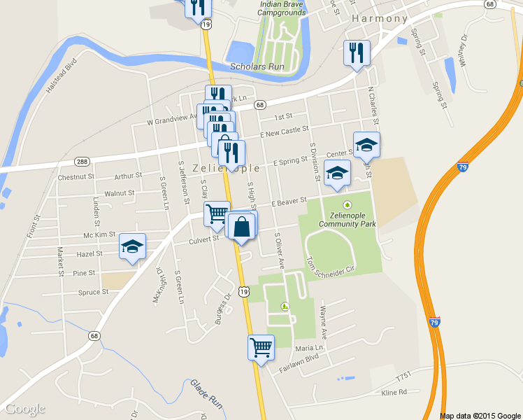 map of restaurants, bars, coffee shops, grocery stores, and more near 208 East Beaver Street in Zelienople