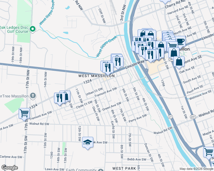 map of restaurants, bars, coffee shops, grocery stores, and more near 105 7th Street Southwest in Massillon