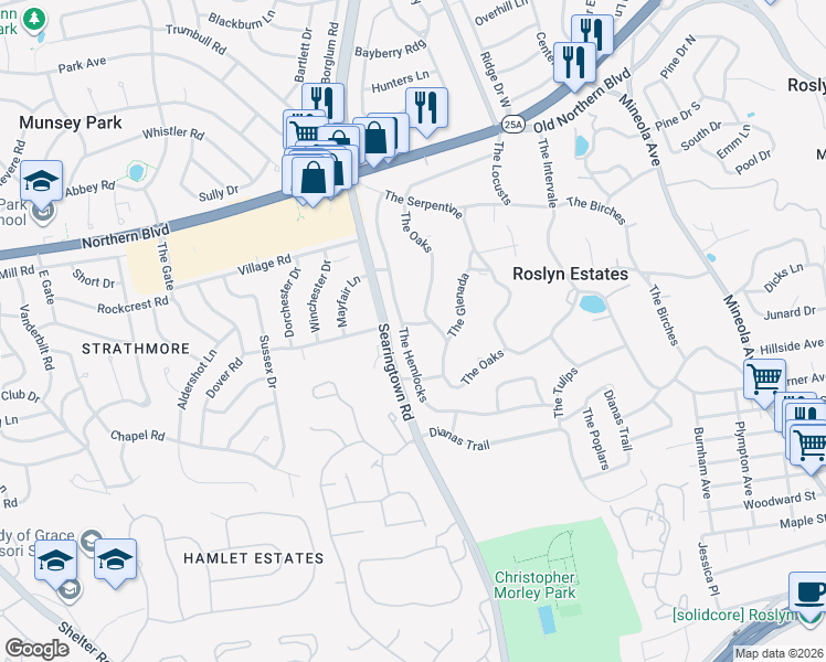 map of restaurants, bars, coffee shops, grocery stores, and more near 3 The Balsams in Roslyn