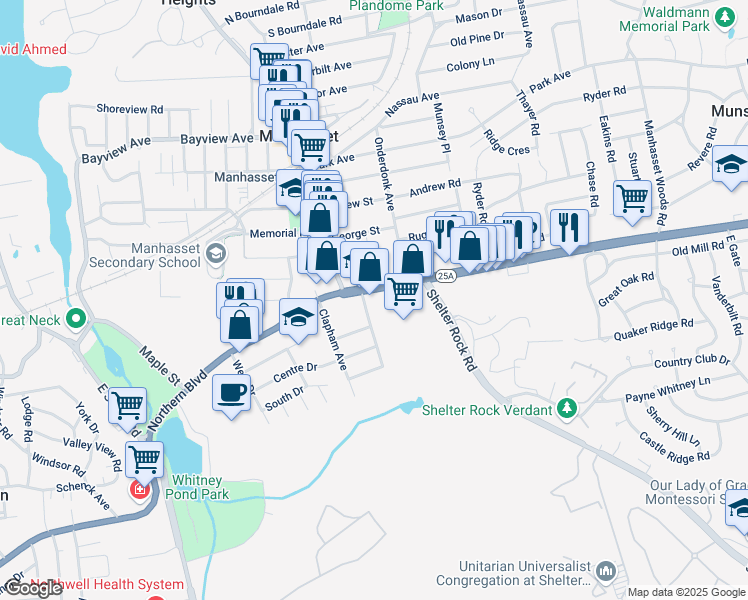 map of restaurants, bars, coffee shops, grocery stores, and more near 1350 Northern Boulevard in Manhasset