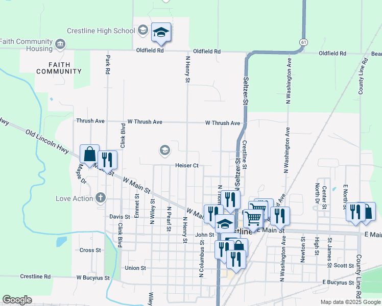 map of restaurants, bars, coffee shops, grocery stores, and more near 623 North Henry Street in Crestline