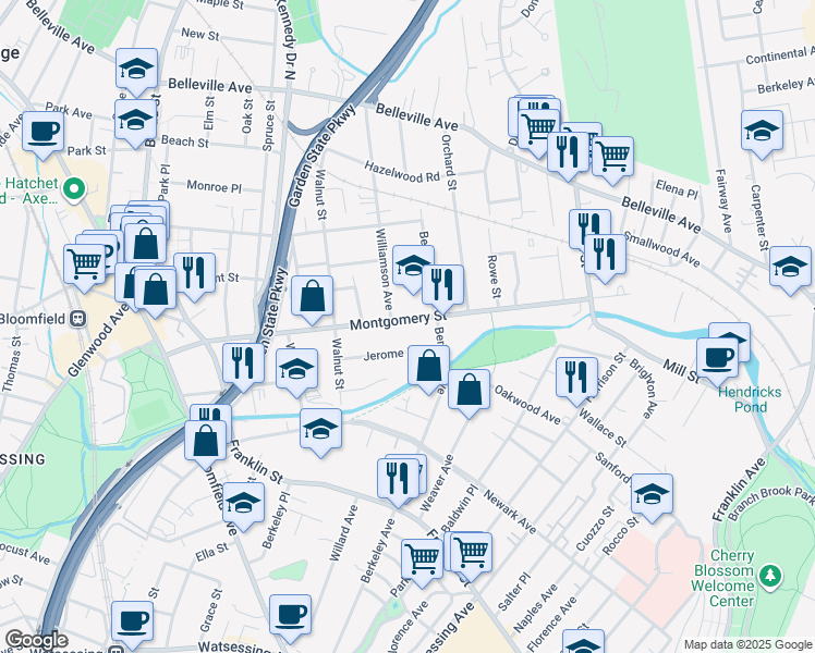 map of restaurants, bars, coffee shops, grocery stores, and more near 156 Montgomery Street in Bloomfield