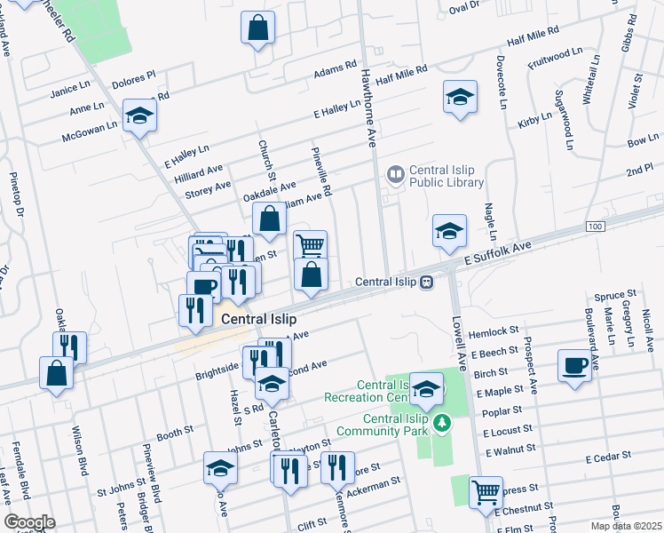 map of restaurants, bars, coffee shops, grocery stores, and more near 10 Pineville Road in Central Islip