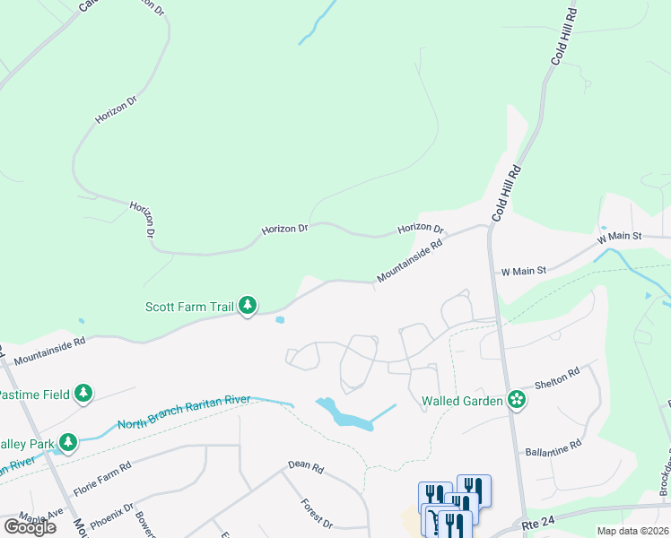 map of restaurants, bars, coffee shops, grocery stores, and more near 55 Mountainside Road in Mendham