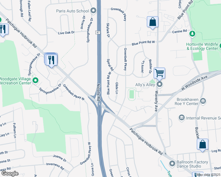 map of restaurants, bars, coffee shops, grocery stores, and more near 153 Blue Point Road West in Holtsville