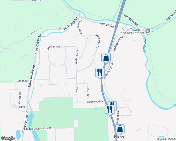 map of restaurants, bars, coffee shops, grocery stores, and more near 107 Blackthorn Drive in Butler