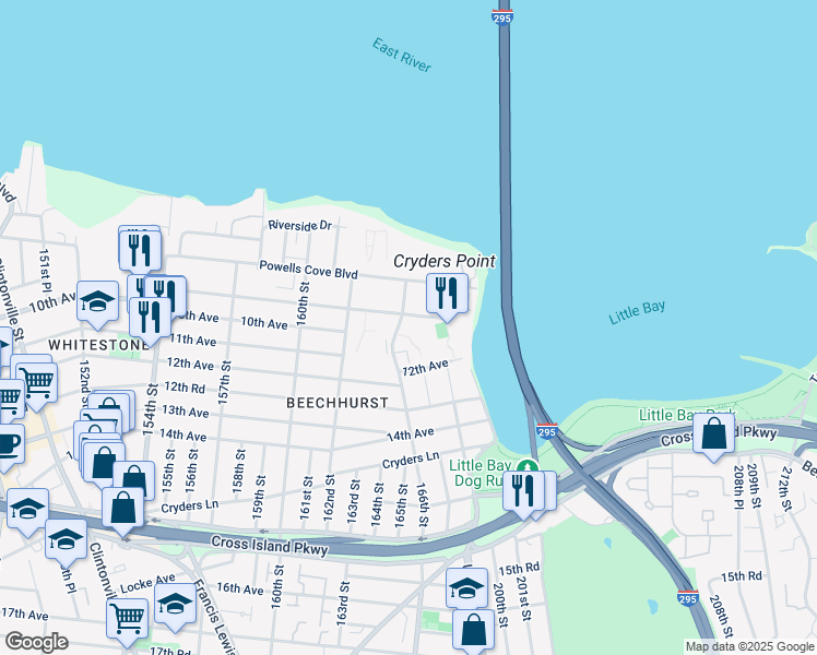 map of restaurants, bars, coffee shops, grocery stores, and more near 905 166th Street in Queens