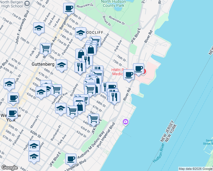 map of restaurants, bars, coffee shops, grocery stores, and more near 76 70th Street in Guttenberg