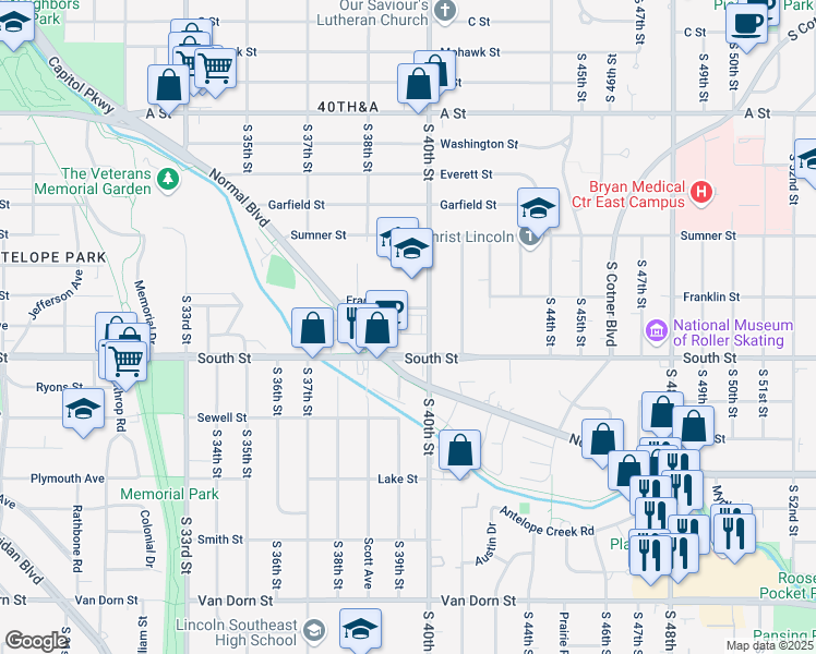 map of restaurants, bars, coffee shops, grocery stores, and more near 1919 South 40th Street in Lincoln