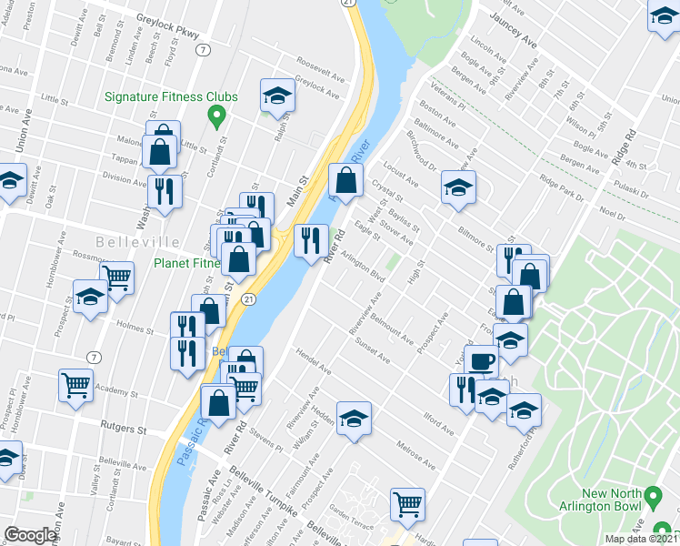 map of restaurants, bars, coffee shops, grocery stores, and more near 9 Cedar Street in North Arlington