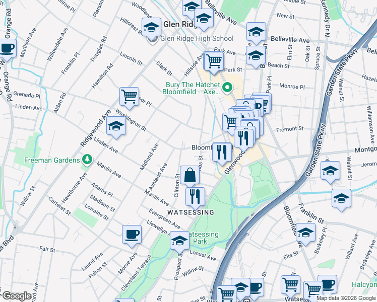 map of restaurants, bars, coffee shops, grocery stores, and more near 170 Washington Street in Bloomfield