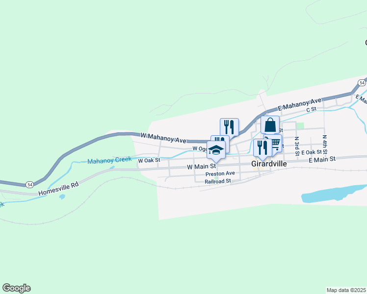 map of restaurants, bars, coffee shops, grocery stores, and more near 324 West Ogden Street in Girardville