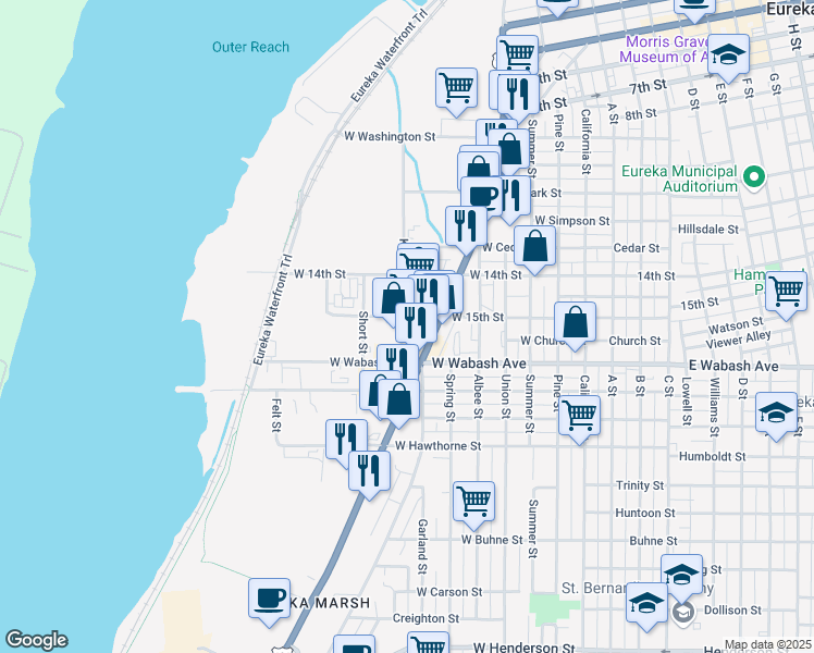 map of restaurants, bars, coffee shops, grocery stores, and more near 1600-1698 Koster Street in Eureka