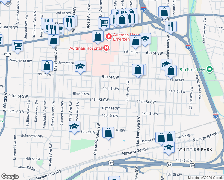 map of restaurants, bars, coffee shops, grocery stores, and more near 2422 10th Street Southwest in Canton