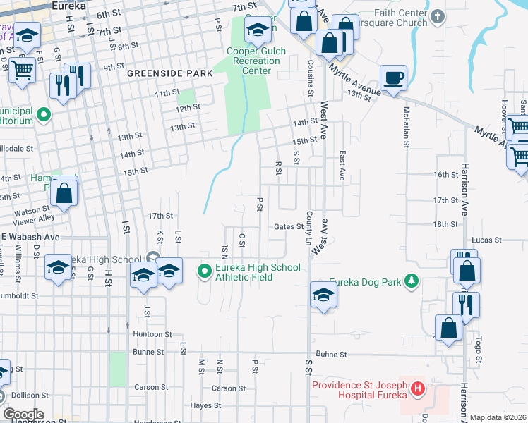 map of restaurants, bars, coffee shops, grocery stores, and more near 1751 P Street in Eureka