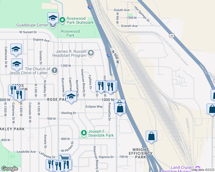 map of restaurants, bars, coffee shops, grocery stores, and more near 921 West 1100 North in Salt Lake City