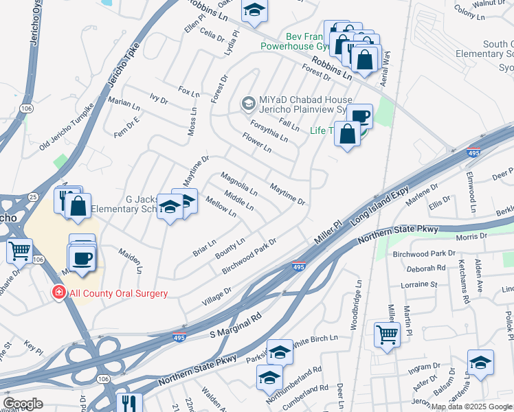 map of restaurants, bars, coffee shops, grocery stores, and more near 20 Middle Lane in Jericho