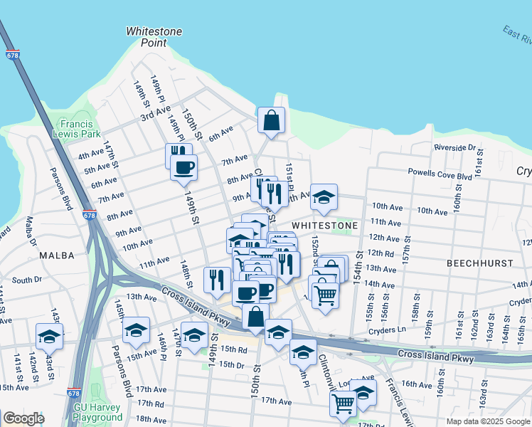 map of restaurants, bars, coffee shops, grocery stores, and more near 150-46 10th Avenue in Queens