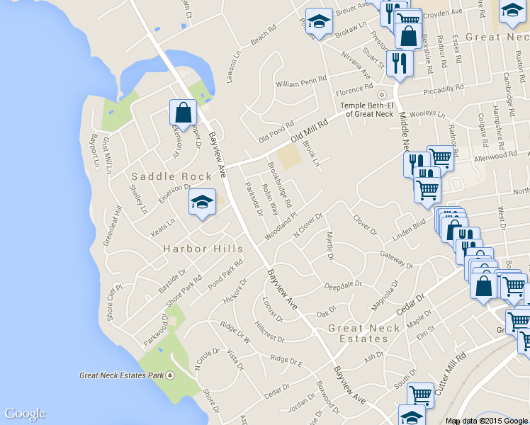 map of restaurants, bars, coffee shops, grocery stores, and more near 17 Parkside Drive in Great Neck