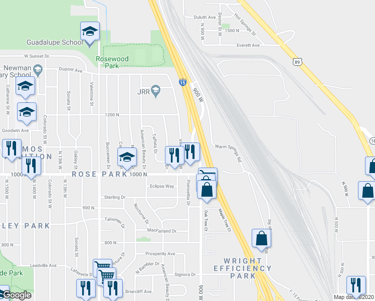 map of restaurants, bars, coffee shops, grocery stores, and more near 921 West 1100 North in Salt Lake City