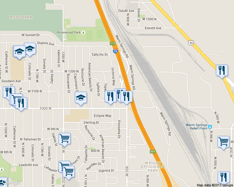 map of restaurants, bars, coffee shops, grocery stores, and more near 921 West 1100 North in Salt Lake City