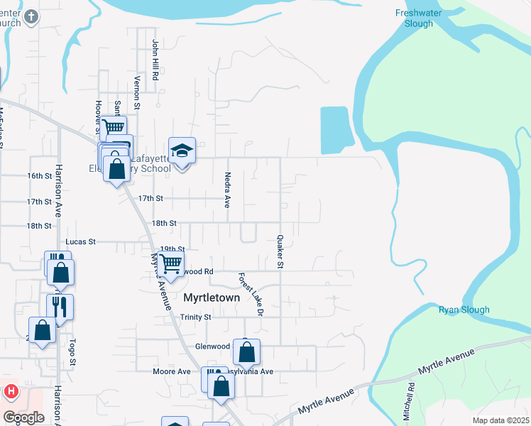 map of restaurants, bars, coffee shops, grocery stores, and more near 1780 Quaker Street in Eureka